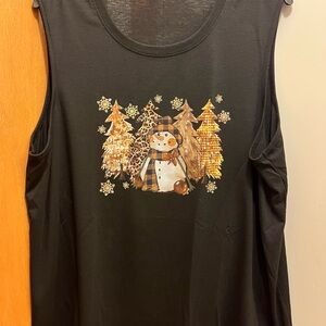 Black Tank Top with Snowman and Tree Design